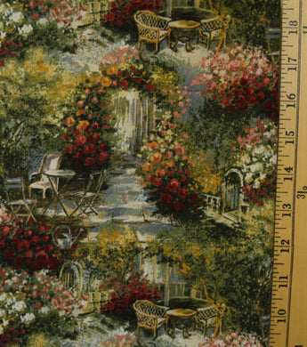 French garden scenes in red, pink, and orange blooms on green foliage with tables and chairs with background in shades of teal