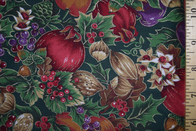 Life-sized fruit and nuts in very vibrant colors of red, purple, green, and brown with dark green background.
