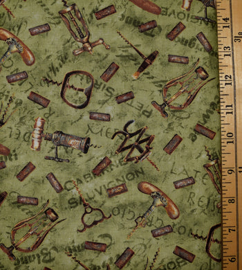 Vintage corkscrews in brown and gold, and wine corks on textured green background with dark green words of wine names. 